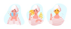 Beauty and skincare concept with cute pretty young woman or girl applying face mask. Flat cartoon vector illustration
