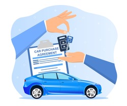 Man is giving keys to customer who just bought a car. Concept of car purchase agreement. Man spent a lot of money on new blue car. Flat cartoon vector illustration