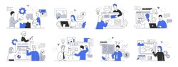 Collection of office scenes. Workflow concept. Men and women taking part in business discussion, presentation, brainstorming, talking to each other. Set of simple style outline vector illustrations