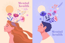 Mental health, happiness, harmony creative abstract concept. Happy male and female heads with flowers inside. Mindfulness, positive thinking, self care idea. Set of flat cartoon vector illustrations
