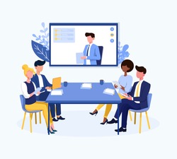 Video conference theme and multiracial business team in online call. Flat cartoon vector illustration with fictional characters