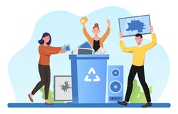 Male and female characters holding electronic devices near a bin with recycle symbol. Concept of electronic waste recycling, and reuse of electrical equipment. . Flat cartoon vector illustration