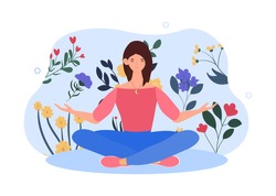 Happy female character is sitting in lotus pose with arms opened. Concept of creating good vibe around people. Young woman is enjoing her freedom and life. Flat cartoon vector illustration