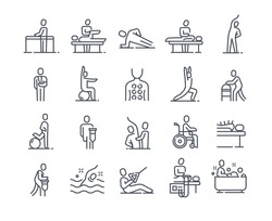 Set of linear essential icons of physiotherapy on white background. Concept of massotherapy and acupuncture, exercise, rehabilitation. Healthcare and medicine. Flat cartoon vector illustration