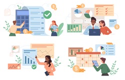 Set of male and female characters are analyzing personal or corporate budget on white background. Finance accounting and calculation income on infographics. Flat cartoon vector illustration