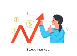 Stock Market concept. Woman invests money in stocks and bonds. Capital appreciation and dividends. Character makes profit. Cartoon contemporary flat vector illustration isolated on white background
