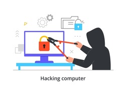Computer hacking concept. Fraudster with tool opens lock on screen of digital device. Theft of data and money. Cyber crime. Cartoon modern flat vector illustration isolated on white background