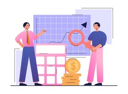Profit accounting concept. Men analyze growth of company income and count amount of money using calculator. Financial management and capital appreciation. Cartoon modern flat vector illustration