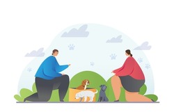 Concept of homeless puppies. Man and girl feeding animals on street. Charity, pet care. Characters with food in their hands sitting near puppies, volunteers. Cartoon flat vector illustration