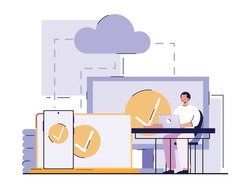 Application service abstract concept. SaaS technology. Man works on laptop and shares information using cloud data storage. Screens of different devices with tick. Cartoon flat vector illustration