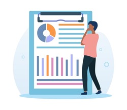 Consulting company concept. Audit service. Man stands next to folder and analyzes statistics. Accountant thinking about improving business and increasing profits. Cartoon flat vector illustration