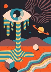 Abstraction bright psychodelic cover. Old hippie style pictures. Retro banners and posters. Stylish site design, eyes and sprawling geometric shapes, shadows. Cartoon volumetric vector illustration