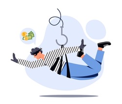 Thief on rope. Man wants to steal money, hackers metaphor. Criminal robs bank in mask. Special operation. Crime and illegal acts. Security and safety danger concept. Cartoon flat vector illustration