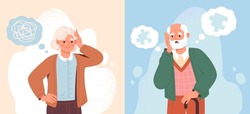 Alzheimer illness disease patients concept. Set of elderly confused man and woman with memory loss and puzzles flying around. Brain disease in pensioners. Cartoon contemporary flat vector collection