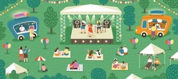 Outdoor music festival abstract concept. Young people sitting on grass in park, having picnic and listening to performance of their favorite band. Entertainment. Cartoon flat vector illustration