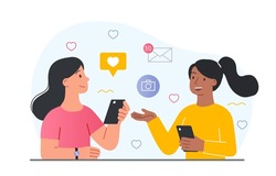 Girls discuss with phone. Modern technology and addiction to gadgets. Teenagers with smartphones talking, sharing news and content. Girlfriends discuss rumors. Cartoon flat vector illustration