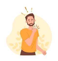 Neck pain abstract concept. Young bearded man touching his neck and suffering from pain. Pinched nerves, muscle pain, arthritis and curvature of spine. Cartoon contemporary flat vector illustration
