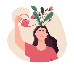 Thinking positive mindset. Girl watering flowers on her head with watering can. Conscious woman optimist. Good mood and happy character. Symbol good thoughts. Cartoon flat vector illustration
