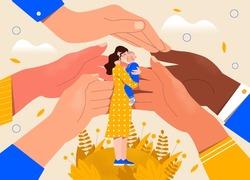 Protect Ukrainian children concept. Big hands in yellow and blue clothes protect mother with small child in her arms. Stop war and military aggression of Russia. Cartoon flat vector illustration