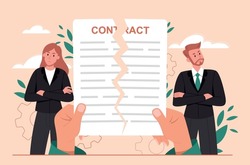 Contract cancellation concept. Man and girl dissatisfied with fulfillment of conditions. Problems, unsuccessful negotiations. Companies have ceased cooperation. Cartoon flat vector illustration
