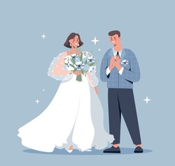 Bride and groom at wedding. Guy and girl smiling. Young and happy family, traditional rituals. Holiday, design for greeting and invitation card, couple in love. Cartoon flat vector illustration