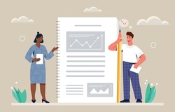 Project management concept. Man and woman stand next to document. Colleagues explore data, analytical department. Graphs, charts and working with statistics. Cartoon flat vector illustration