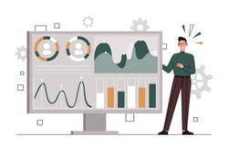 Site stats concept. Man stands next to graphs and charts, analytical department collects information. Character conducts marketing research, SEO or SMM specialist. Cartoon flat vector illustration