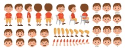 Set of elements for creating boy character animation. Little schoolboy with different emotions, gestures and poses. Arms, legs and other body parts construction. Cartoon flat vector collection