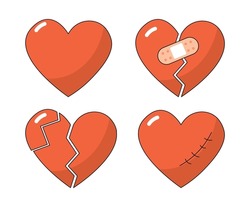 Set of broken hearts. Psychological problems and traumas, mental health. Bad relationships and unsuccessful love, quarrels and scandals. Cartoon flat vector illustrations isolated on white background