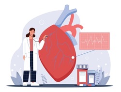 Cardiologist with heart. Young girl examines organs of human body. Medical poster or banner, marketing and promotion. Doctor doing scientific research concept. Cartoon flat vector illustration