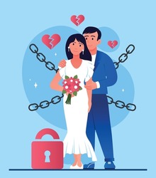 Forced marriage concept. Man and woman on background of chains and broken hearts. Relationship problems, bad traditions and culture. Manipulation and control. Cartoon flat vector illustration