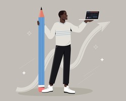Man with pencil. Graphic design with laptop creates graphic elements for website. Remote employee and work on Internet. Modern technologies and digital world. Cartoon flat vector illustration