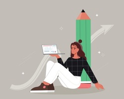 Woman with pencil. Creative personality, graphic designer. Remote employee or freelancer. Young girl with laptop develops interface for programs and applications. Cartoon flat vector illustration