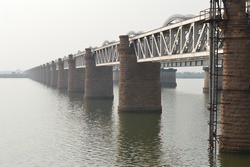 An image of a railway bridge on the Godavari river, Telengana, India