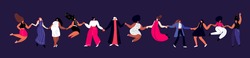 Happy International Woman Day.Feminism concept.Bright Beautiful Different Dancing Girls Holding Hands.Party,Eight of March Celebration. Free Confident Women.Female Empowerment.Vector Flat Illustration