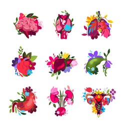 Beautiful Flowered Set of different Human Organs.Brain, Thyroid,Lungs,Heart,Liver,Stomach,Kidneys,Uterus in Flowers.Floral Internal Anatomy.Bright Healthy Guts,Flower Nature.Bloomy Vector illustration
