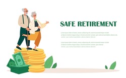 Happy Senior Pensioners Characters Stand on Pile of Money Golden Coins Stack.Landing Page Template.Concept of Financial Wealth,Pension Deductions,Savings,Wealthy Retirement.People Vector Illustration.