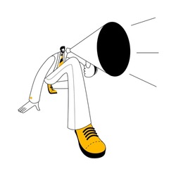 A man in a business suit shouts loudly into a megaphone. Vector illustration on the topic of management and attracting attention.