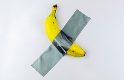 Banana duct taped to the white wall. Conceptual photo.