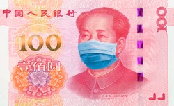 Omicron Coronavirus COVID vs Finance in China. Concept: Quarantine in China, 100 Yuan banknote with face mask. Digital montage