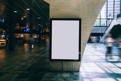 Clear Billboard in public place with blank copy space screen for advertising or promotional poster content, empty mock up Lightbox for information, blank display in station area with daylight