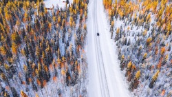 Aerial top view from drone of suv vehicle driving on snowy ice road exploring local landscapes in winter, bird’s eye view of automobile car moving on area surrounded by beautiful coniferous forest