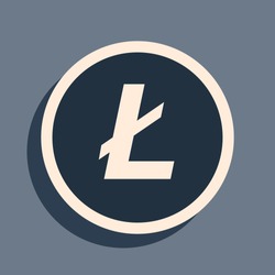 Black Cryptocurrency coin Litecoin LTC icon on grey background. Physical bit coin. Digital currency. Altcoin symbol. Blockchain based secure crypto currency. Long shadow style. Vector Illustration