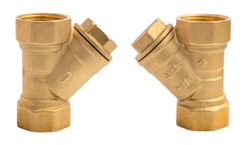 Y-Spring Check Valve. 1 inch brass spring assisted Y check valves. View of the front and back. With marks of technical characteristics: DN25, PN15, 1 inch. Isolated on a white background.