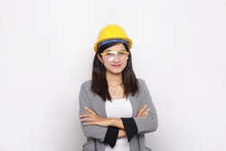 women construction workers. Smiling woman architect Isolated portrait on white background.