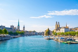 Scenic panoramic view of historic Zürich city center and river Limmat at Lake Zurich on a beautiful sunny day with blue sky in summer, Switzerland