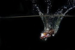 A toy car is dropped into water in front of black background