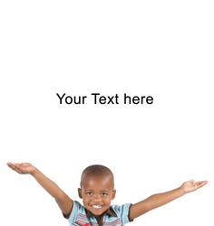 Adorable 3 year old black or African American boy with a big smile hands in the air looking at you with space for your text