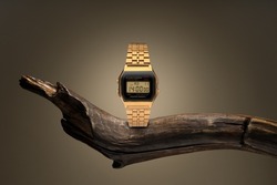 Luxurious elegant golden woman and man watch on a beautiful background with wood. Popular retro watch collection. 