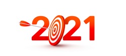 2021 New Year Target and Goals with Symbol of 2021 from red archery target,arrows archer and number on white background.Resolution and target for new year 2021 concept.Vector illustration eps 10